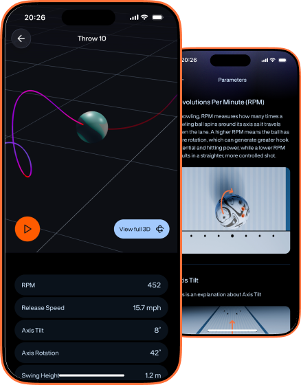 Witsee app showing a 3D bowling shot path and shot parameters